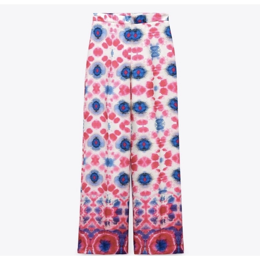 ZARA TIE DYE PRINT WIDE LEG PANTS Size XS Women's Pink Satin Effect High Rise